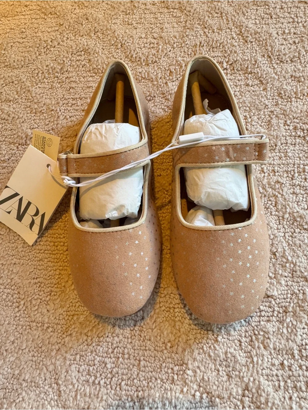 Zara Beige Mary Jane Flats with Silver Star Studs
